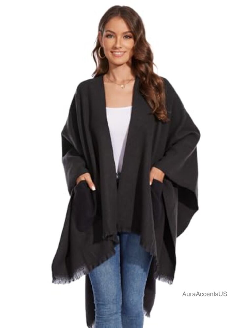 Women's Knitted Cape Poncho Shawl Wrap with Pockets - 100% Polyester, Open